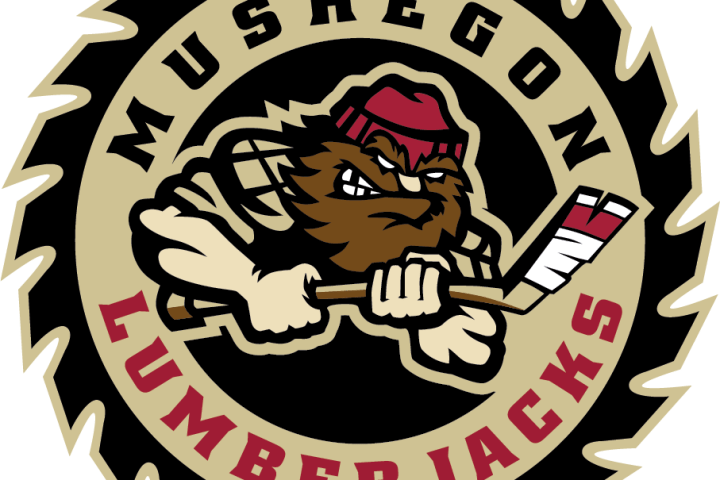 Logo of a lumberjack character holding a hockey stick, surrounded by the text 'Muskegon Lumberjacks'.