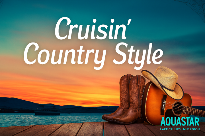 Sunset with cowboy boots, hat, guitar, and text 'Cruisin' Country Style' on a lake.