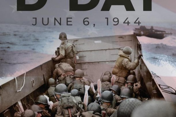 Soldiers in a landing craft on D-Day, June 6, 1944, with text overlay.