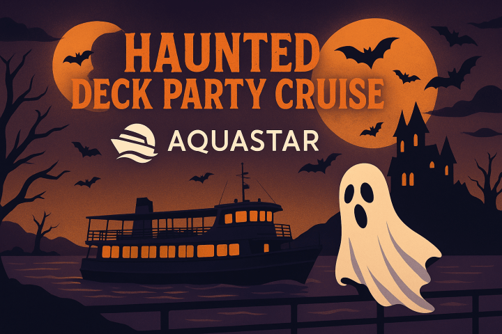 Halloween cruise poster with a ghost, bats, ship, castle, and full moon.