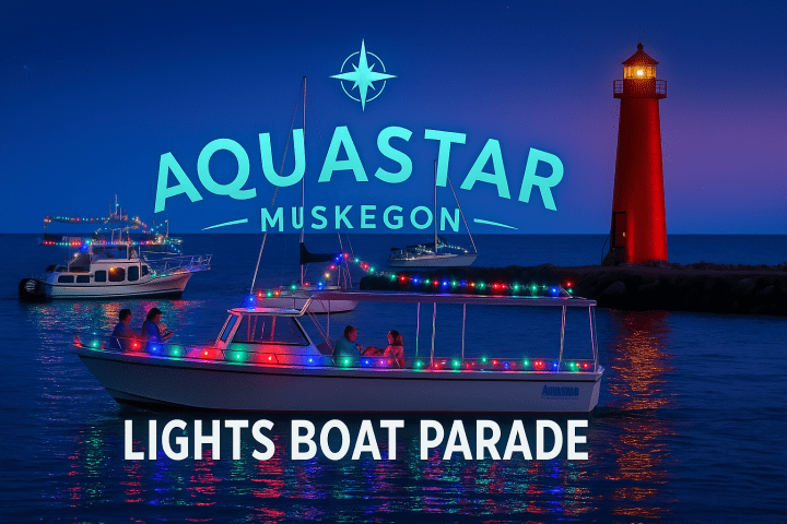 Boats with colorful lights near a red lighthouse, text reads 'Aquastar Muskegon Lights Boat Parade'.