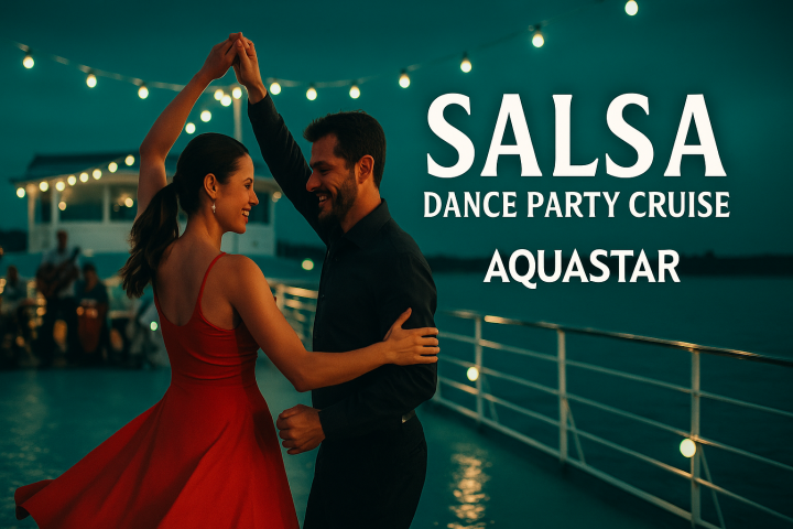 Couple dancing salsa on a cruise ship deck under string lights at dusk.